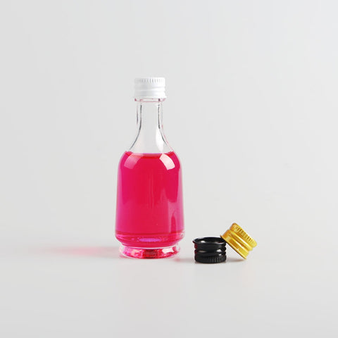 Mini Botella de Vidrio 50ml Cuerpo Ancho con Tapa Metálica Color Variado