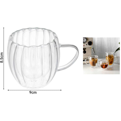 Vaso de Vidrio Doble Pared Rayado 250 ml con Asa