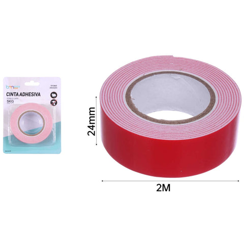 Cinta Doble Cara EVA 2.4cm x 2m con Adhesivo Blanco y Película Roja