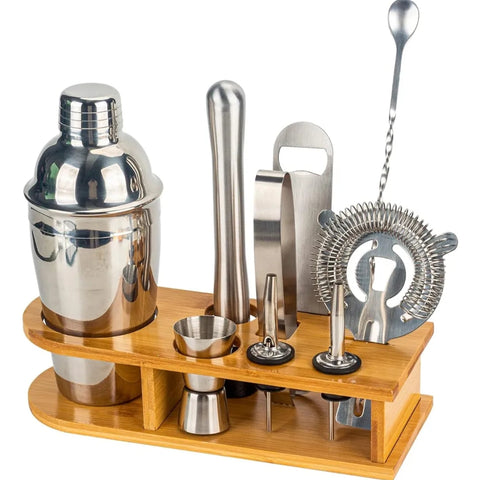 Set Coctelera 550ml con Base de Madera y Accesorios