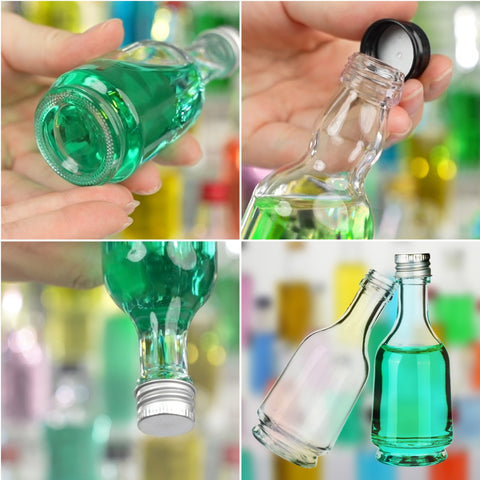 Mini Botella de Vidrio 50ml Cuerpo Ancho con Tapa Metálica Color Variado