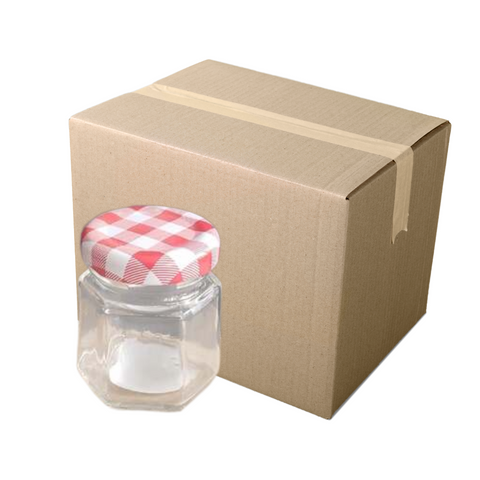 Caja de 240 Frascos de Vidrio Hexagonales 45 ml con Tapa de Color Variado