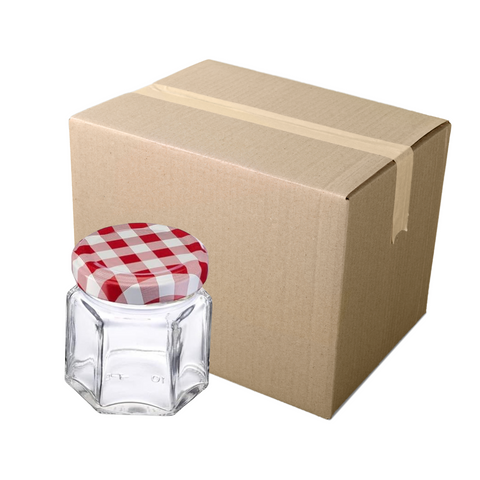 Caja de 216 Frascos de Vidrio Conserveros Hexagonales 60 ml con Tapa de Color Variado