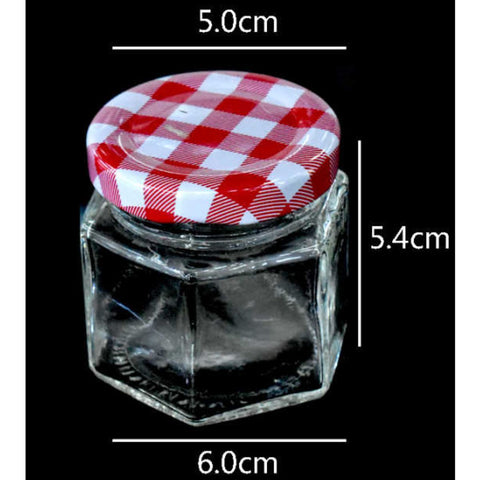 Caja de 216 Frascos de Vidrio Conserveros Hexagonales 60 ml con Tapa de Color Variado