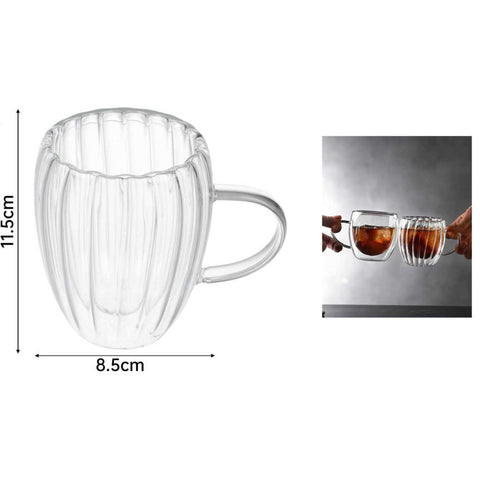 Vaso de Vidrio Doble Pared con Asa 350 ml - Diseño Rayado