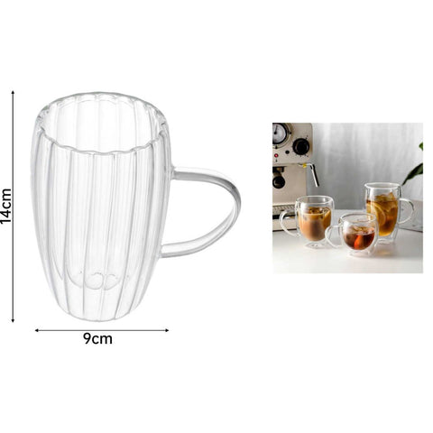Vaso de Vidrio Doble Pared 450 ml con Asa - Diseño Rayado