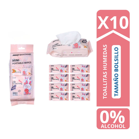 Pack 10 Toallitas Húmedas Mini de Bolsillo 64 Unidades