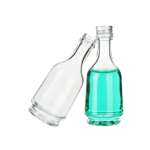 Mini Botella de Vidrio 50ml Cuerpo Ancho con Tapa Metálica Color Variado