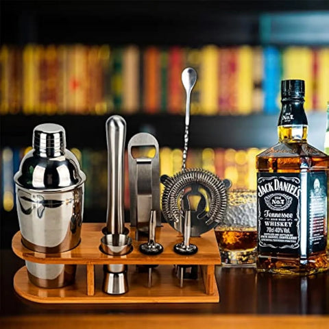 Set Coctelera 550ml con Base de Madera y Accesorios