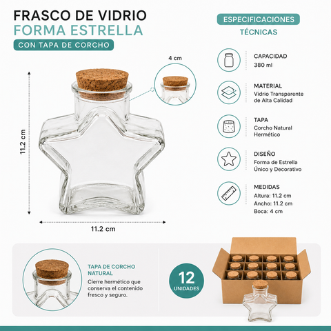 Pack 12 Frascos de Vidrio Estrella 380ml con Tapa de Corcho | Decoración y Cocina