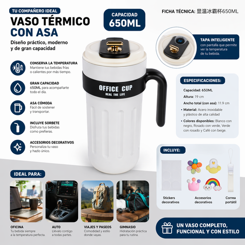Vaso Térmico 650ML con Tapa Inteligente y Asa | Office Cup | Colores Variados