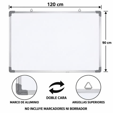 Pizarra acrílica doble cara 90 × 120 cm, marco de aluminio y argollas superiores