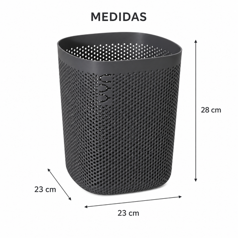 Medidas del papelero plástico perforado: 23 x 23 x 28 cm