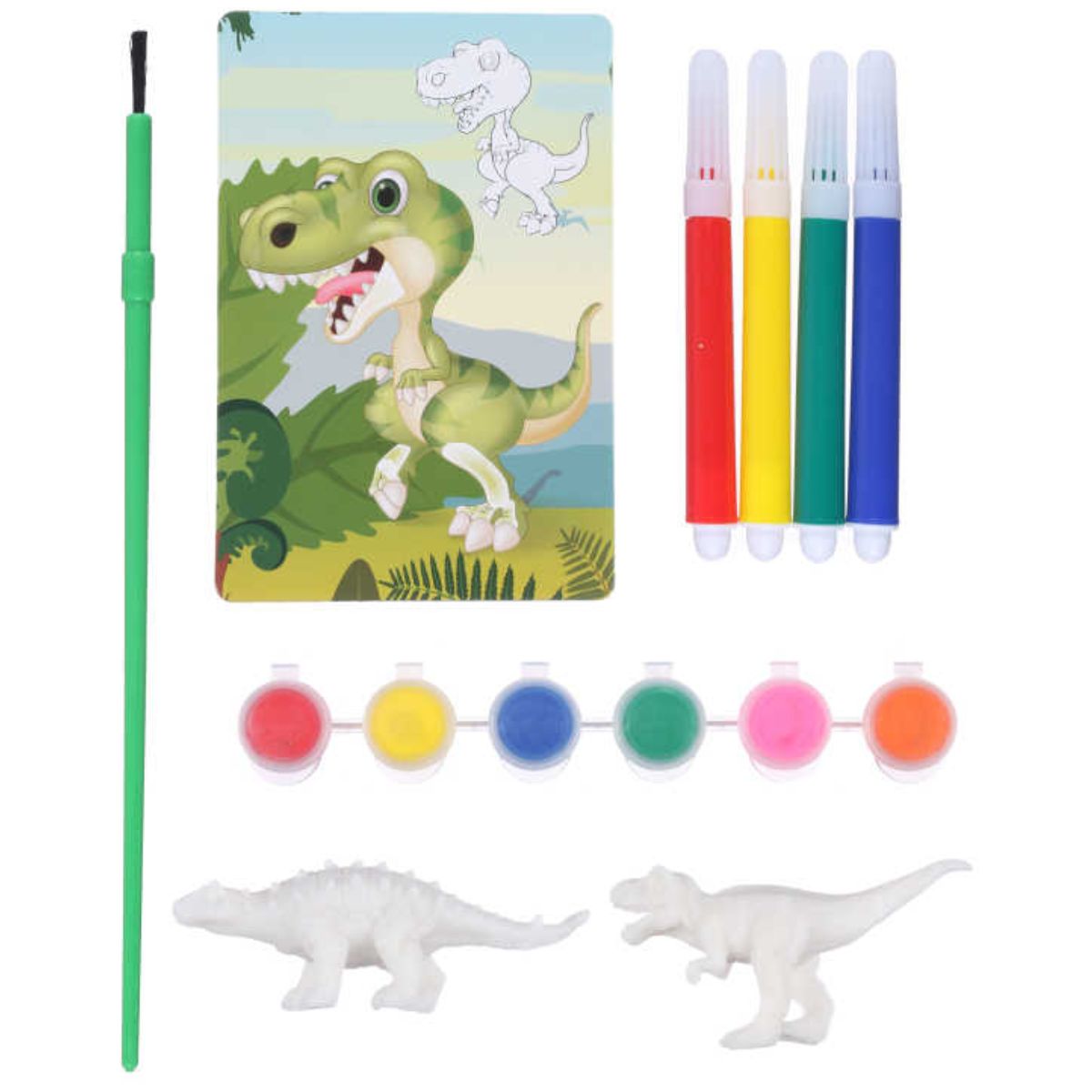 Set de Pintura de Dinosaurios con Pincel, 2 Figuras y Marcadores