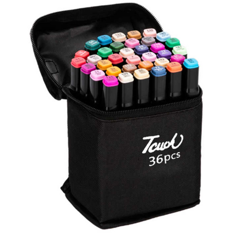 Marcadores Plumones de 36 Colores Doble Punta (Bolsa de Tela + Marcadores)