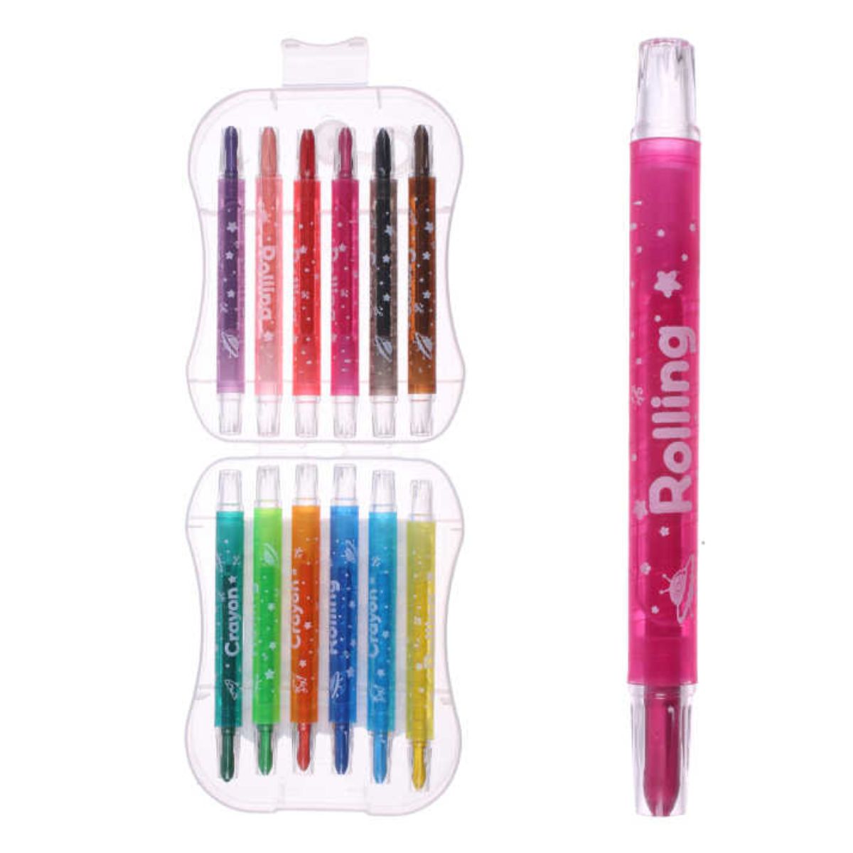 Set de 12 Crayones Cortos Rotatorios - Con Estuche de Plástico