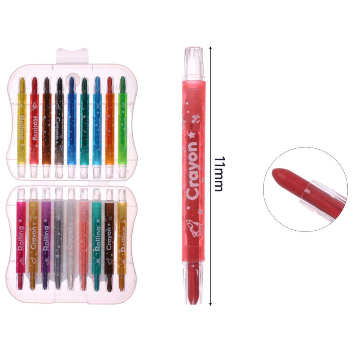 Set de 18 Crayones Cortos Rotatorios - Con Estuche de Plástico