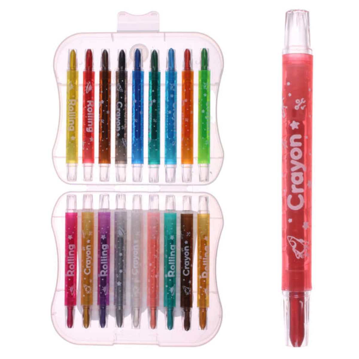 Set de 18 Crayones Cortos Rotatorios - Con Estuche de Plástico