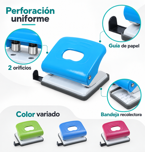 Detalles de perforadora de dos orificios con guía y bandeja