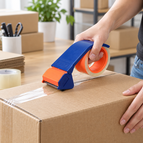 Dispensador de cinta de embalaje en uso para sellar cajas