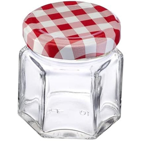 Caja de 216 Frascos de Vidrio Conserveros Hexagonales 60 ml con Tapa de Color Variado