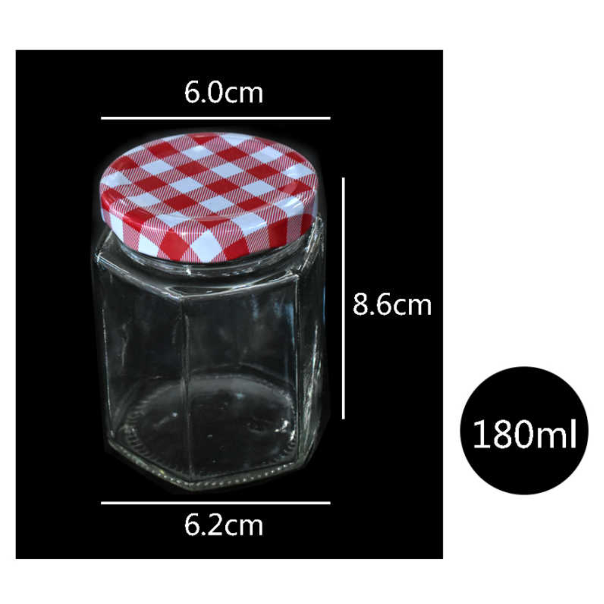 Frasco de Vidrio con Tapa Hexagonal 180ml 6x8cm