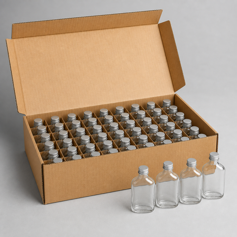 Caja de embalaje con botellas petaca de vidrio de 100 ml