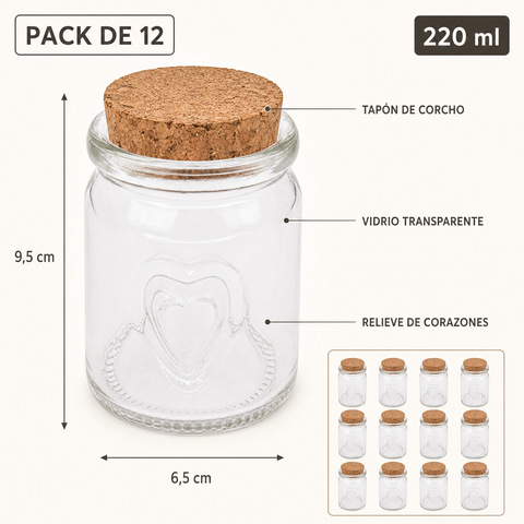 Medidas y características del frasco de vidrio con corazones de 220 ml en pack de 12