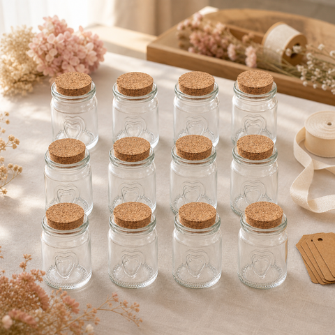 Pack de 12 frascos de vidrio con corazones y corcho para recuerdos y celebraciones
