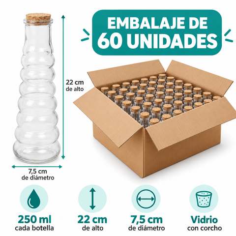 Ficha de caja de 60 botellas de vidrio de 250 ml, 22 por 7,5 cm