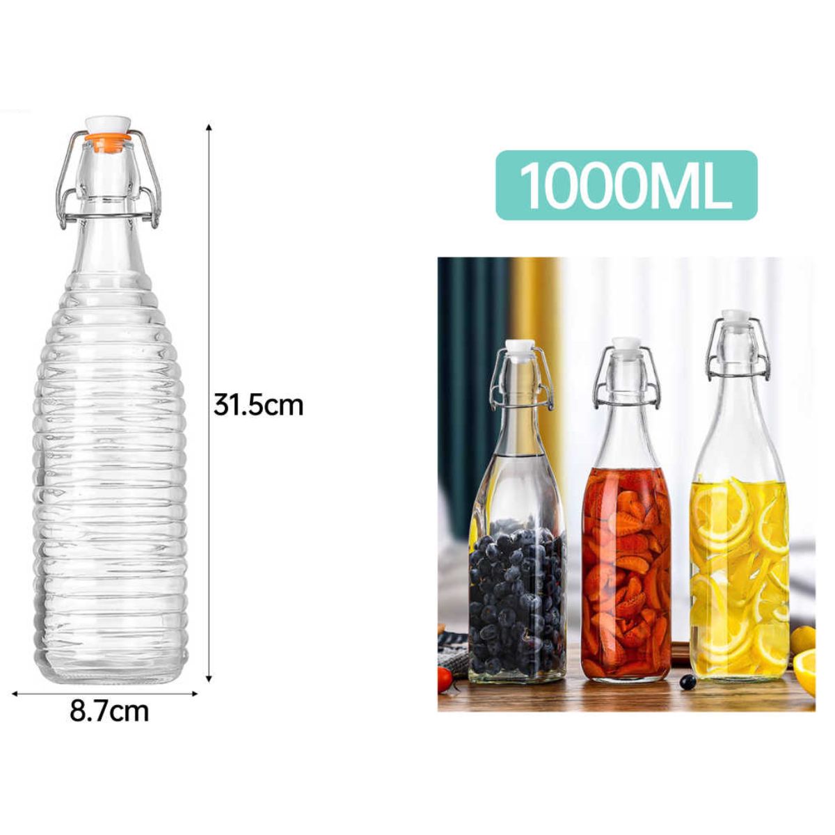 Botella de Vidrio Redonda con Cierre de Acero Inoxidable 1000 ml (Ø8.7 x H31.5 cm)