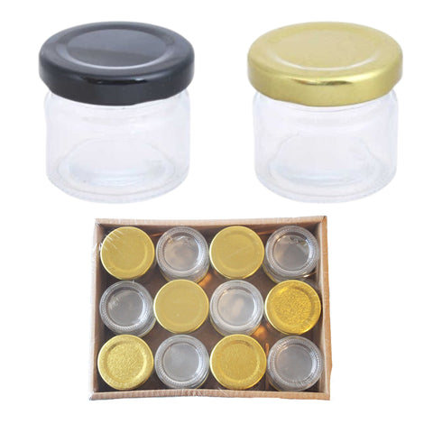 Pack x12 Frascos de Vidrio 25ml con Tapa Surtida Negra Dorada