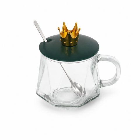Tazón de vidrio facetado 400 ml con tapa verde, corona dorada y cuchara