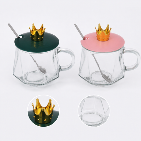 Tazón de vidrio 400 ml con tapas de colores surtidos verde y rosado