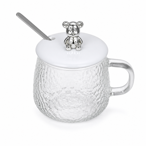 Tazón de vidrio martillado 350 ml con tapa blanca, osito plateado y cuchara