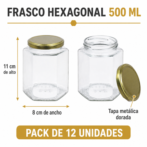 Medidas del frasco hexagonal 500 ml: 11 por 8 cm, pack de 12