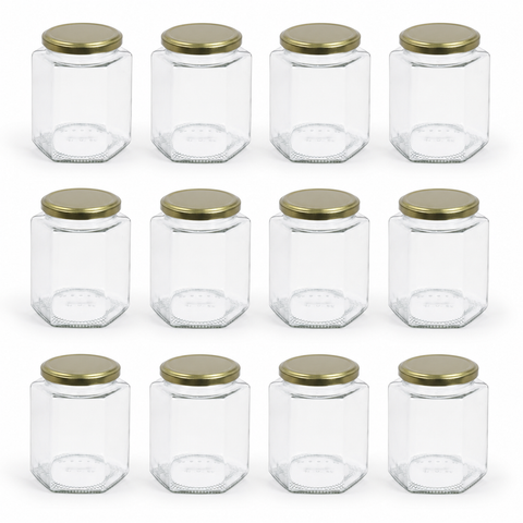 Doce frascos hexagonales de vidrio 500 ml con tapa dorada