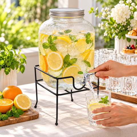 Dispensador de vidrio con grifo y base sirviendo agua con frutas
