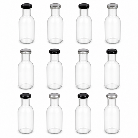 Pack de 12 botellas de vidrio 250 ml con tapas metálicas surtidas