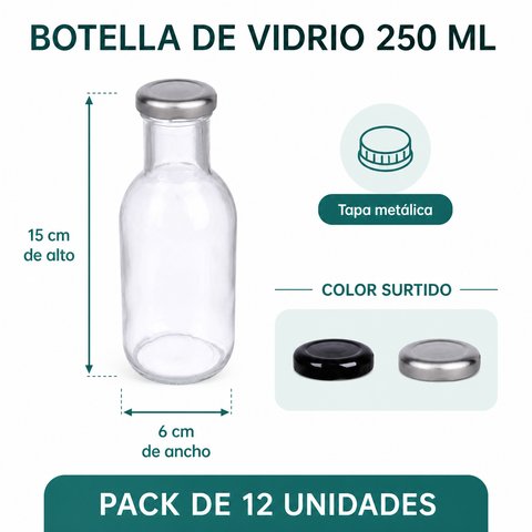 Medidas botella de vidrio 250 ml de 15 por 6 cm pack 12