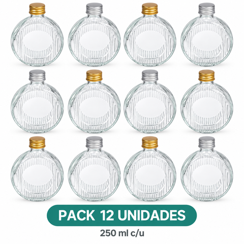 Pack de 12 botellas redondas de vidrio de 250 ml con tapa metálica