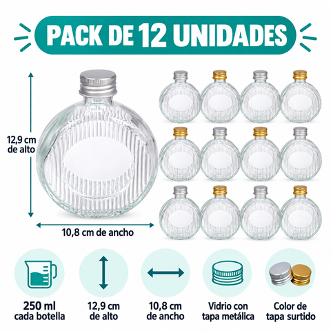 Medidas y características del pack de 12 botellas de vidrio de 250 ml