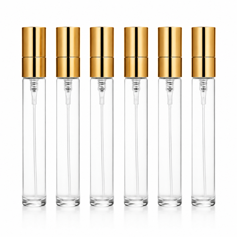 Seis atomizadores de vidrio transparente de 10 ml con tapa dorada