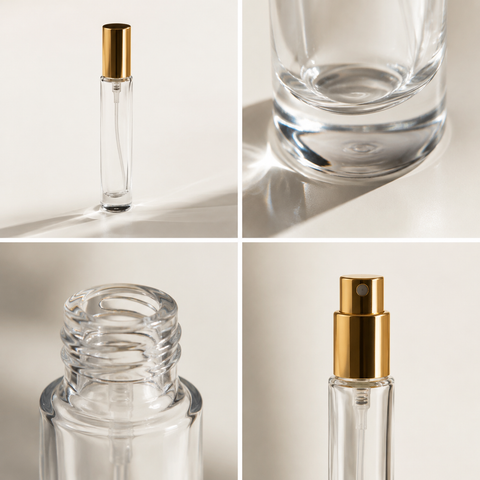Detalle de base y cuello de vidrio del atomizador de perfume de 10 ml