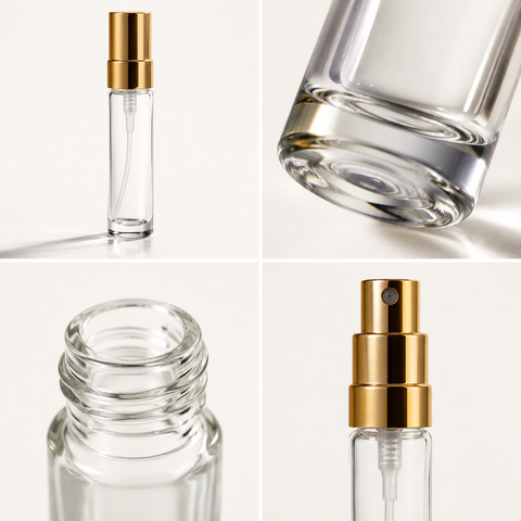 Detalle de base y cuello de vidrio del atomizador de perfume de 5 ml