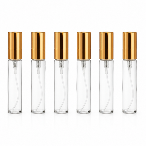 Seis atomizadores de vidrio transparente de 3 ml con tapa dorada