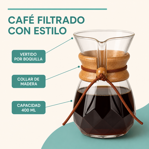 Cafetera de vidrio de 400 ml con collar de madera y boquilla de vertido