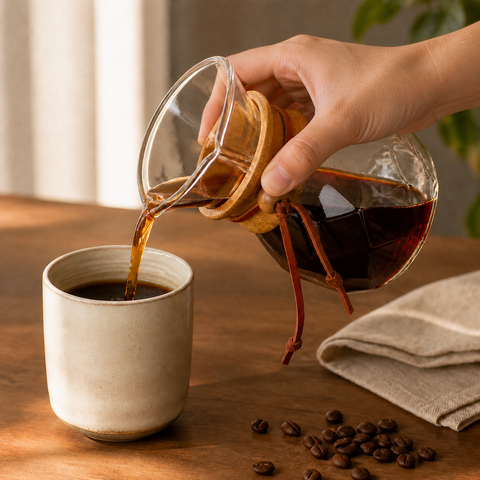 Mano sujetando cafetera pour over de vidrio mientras sirve café