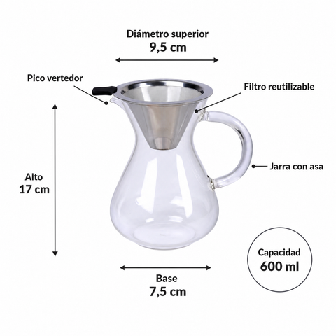 Medidas y características de cafetera pour over de 600 ml
