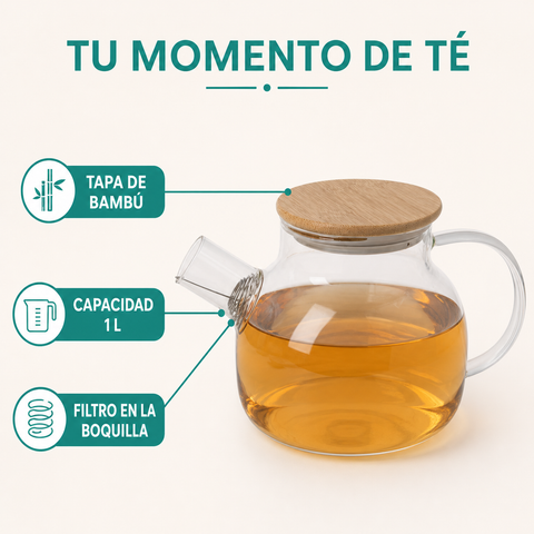 Tetera de vidrio de 1 litro con tapa de bambú y filtro en la boquilla